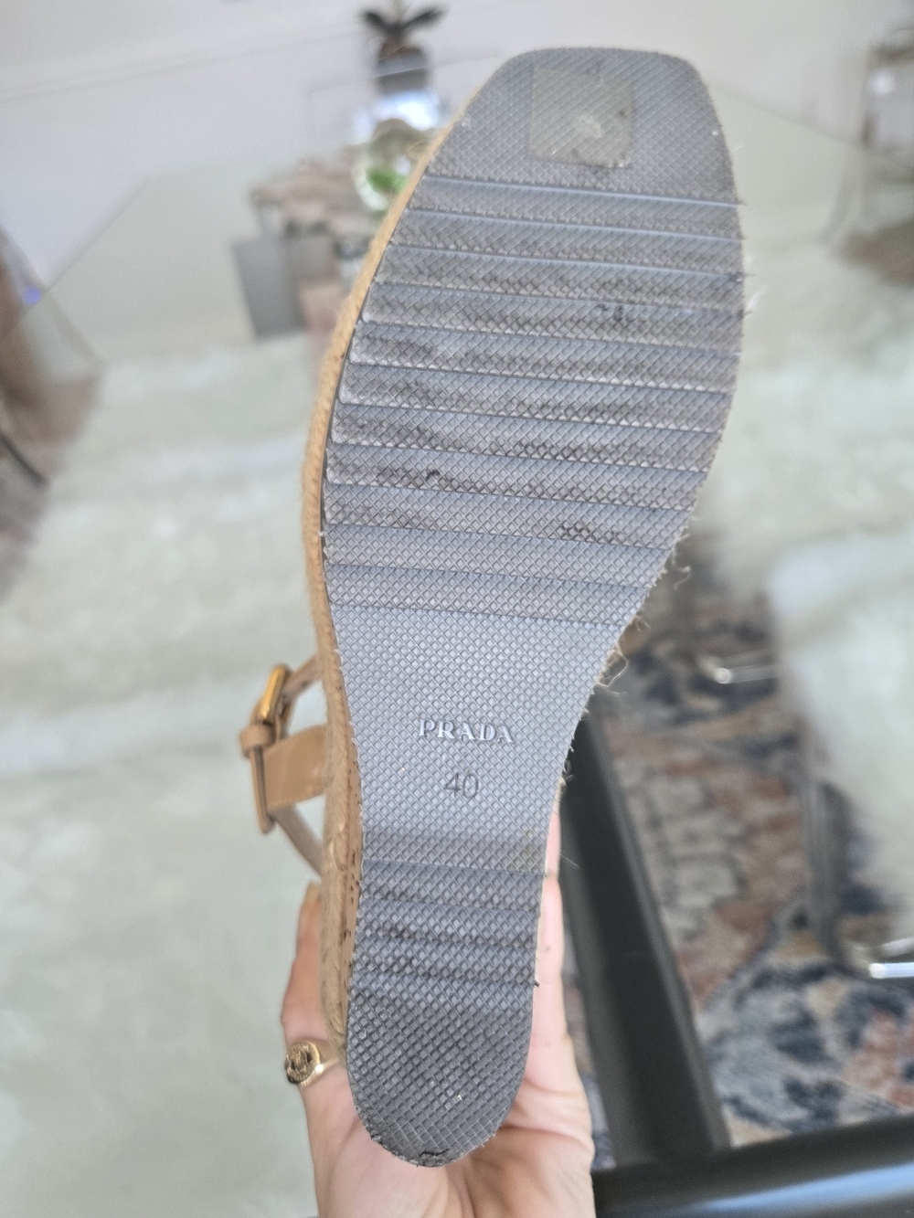 Prada Tan Beige Leather Espadrille Wedge Sandals Square Peep Toe Heels 40 - Picture 15 of 15